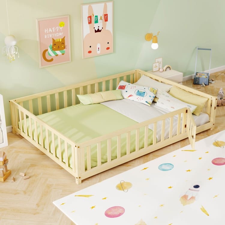 Montessori Floor Bed Frame with Full-length Guardrails Safety Door and Plywood Slats - Natural