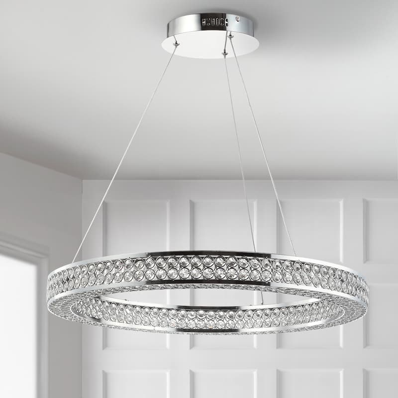 Bradley 24.7" Round Integrated LED Crystal/Metal Pendant, Chrome/Clear by JONATHAN Y