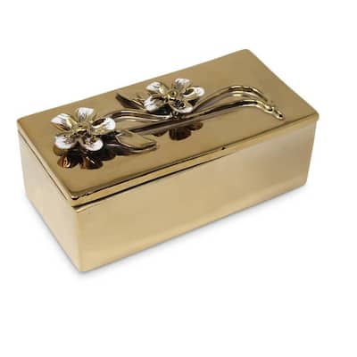 Oblong Gold Decorative Box With Flower Design Lid