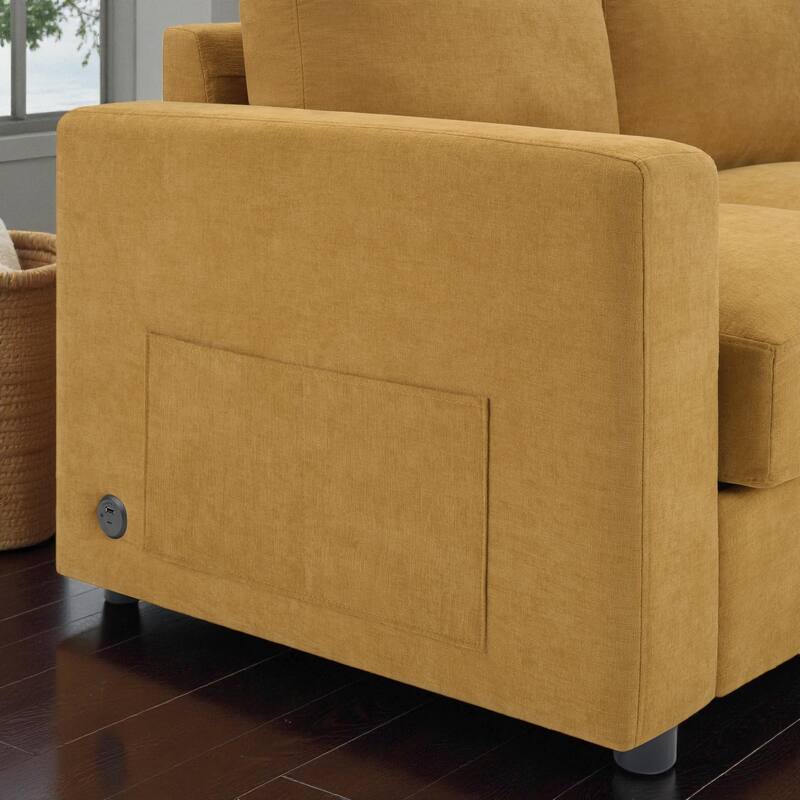 84.6" Modern L-Shaped Sectional Sofa with Curved Chaise Lounge, USB Ports and Storage Pockets, Chenille Couch for Living Room