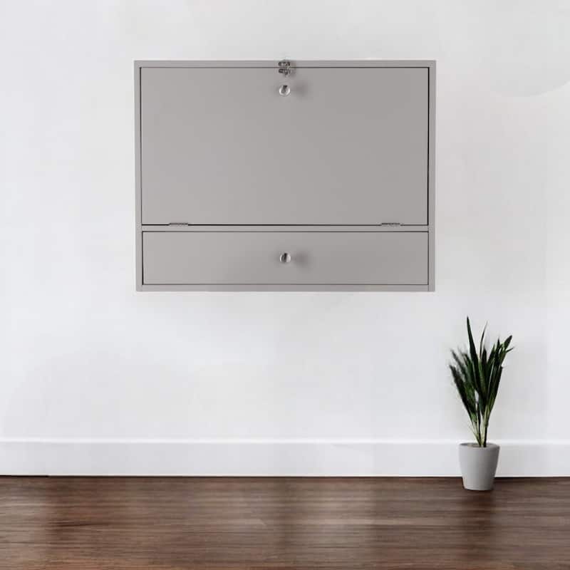 Wood Floating Foldable Desk with Shelves, Drawer and Cork Board Wall Mounted