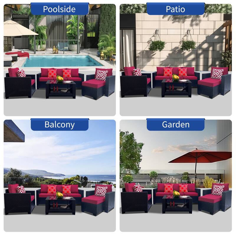 7 Piece Patio Furniture Set, Outdoor PE Rattan Wicker Sectional Sofa Set with 2 Sofa Chairs and Tempered Glass Table
