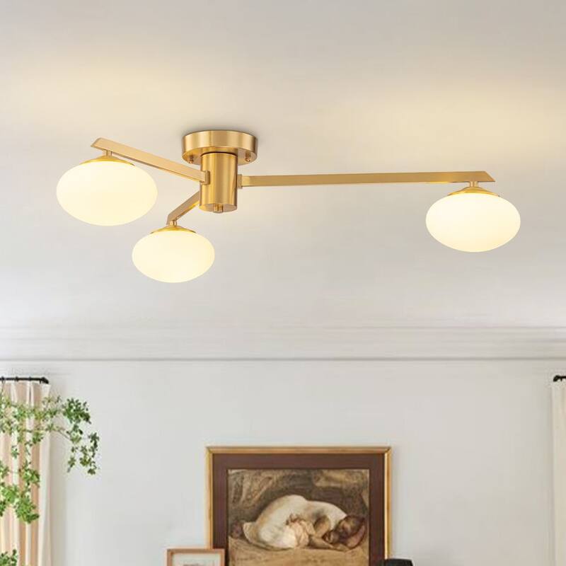Mid-century Modern Oval Glass Accents Semi-flush Mount - 26.4in - Brass