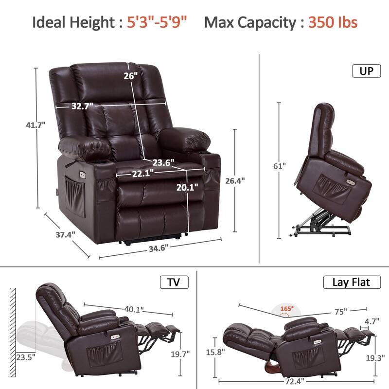 MCombo Medium Dual Motor Power Lift Recliner Chair Infinite Position, Massage and Heat, Extended Footrest, Faux Leather 7890
