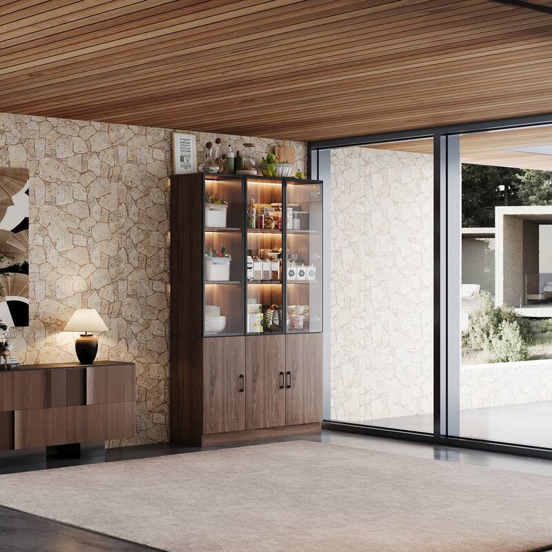 Bookshelves Bookcase Modular Glass Display Cabinet with LED Lights, Dark Wood Storage Combination Cabinet System