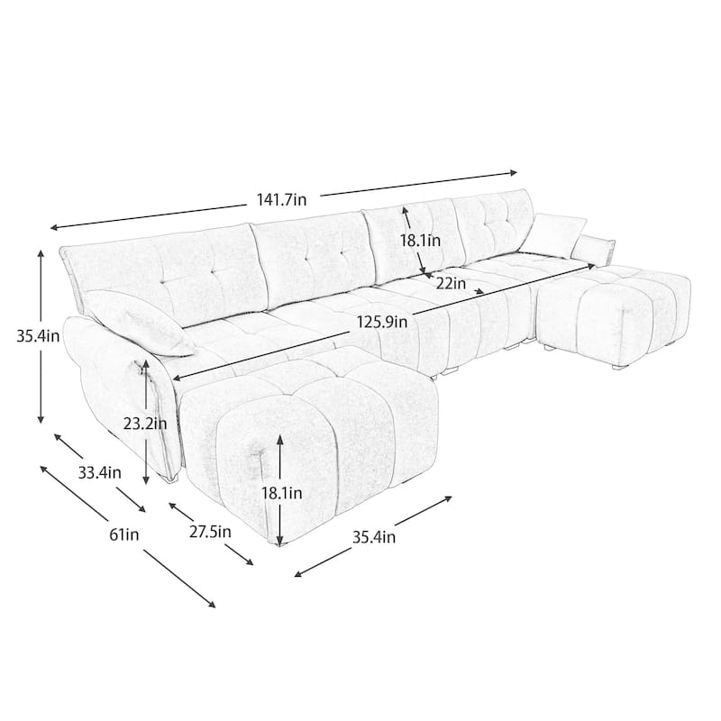 141.7" Chenille U-Shaped Sofa 6 Seater Upholstered Couch with 2 Ottomans for Living Room