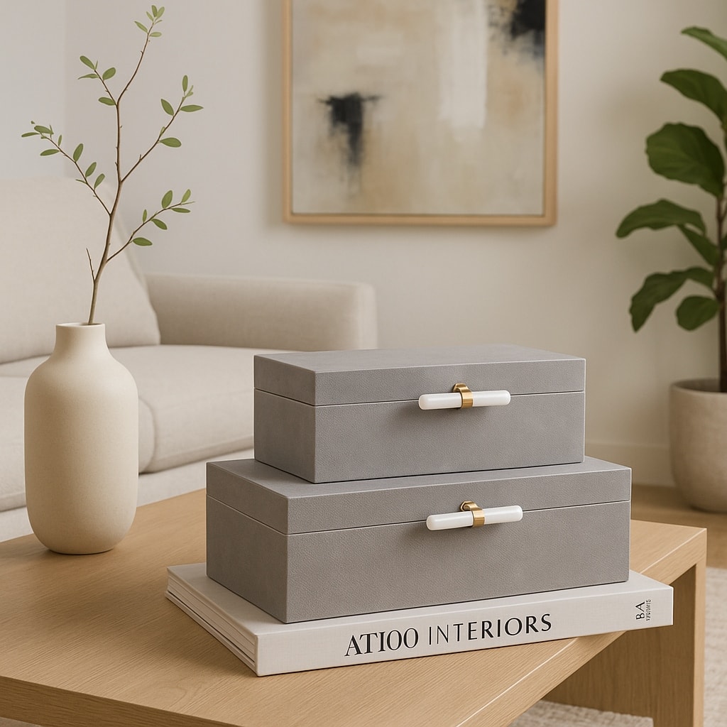 Wood Decorative Boxes with Lid Stone Handle (Set of 2) - 5/6" Gray - 14" x 9.25" x 6.5"