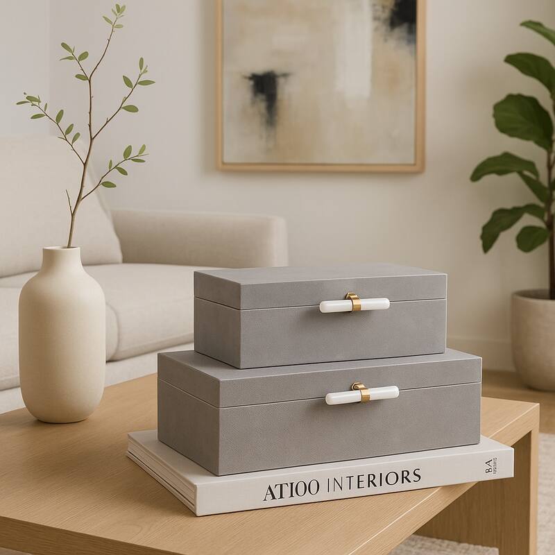 Wood Decorative Boxes with Lid Stone Handle (Set of 2) - 5/6" Gray - 14" x 9.25" x 6.5" - Gray - 14" x 9.25" x 6.5"