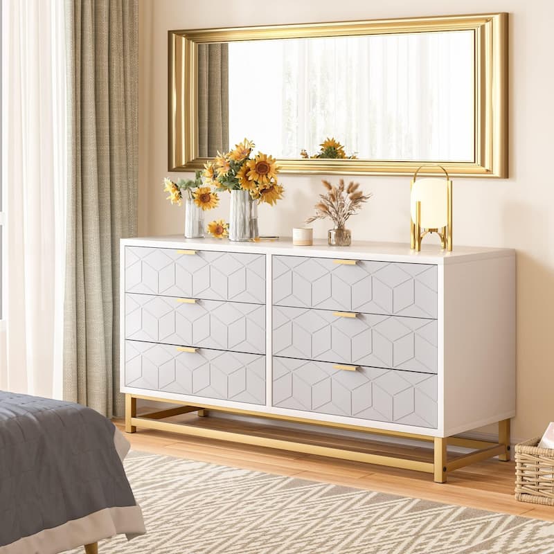 Dresser, 6 Drawer Dresser for Bedroom, Chest of Drawers, Modern Wood Dressers with Gold Metal - Grey