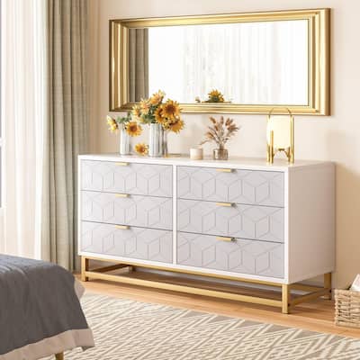 Dresser, 6 Drawer Dresser for Bedroom, Chest of Drawers, Modern Wood Dressers with Gold Metal