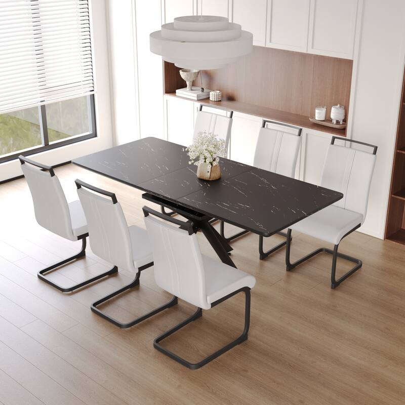 Modern Dining Set with Rectangular Extendable Table & High Back C-shaped Tube Armless Chairs