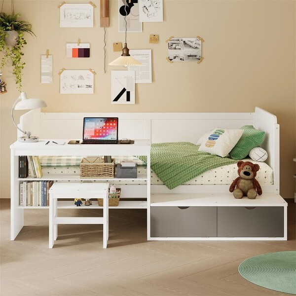 Wooden Twin Size Daybed with Storage Shelves Study Desk and Matching Stool Multifunctional Sofa Bed Frame with Storage Unit Bed Bath Beyond 42384497