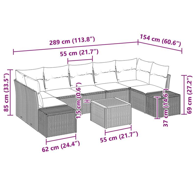 vidaXL 8 Garden Sofa Set with Cushions Black/Grey Poly Rattan - 113.8 x 60.6 x 27.2
