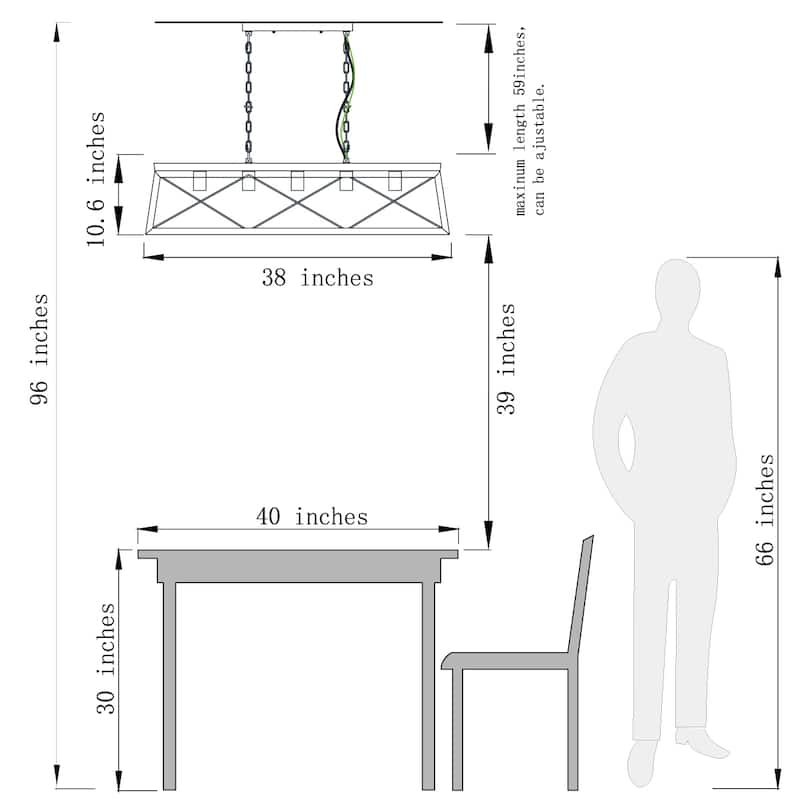 5-Light Square/Rectangle Farmhouse Chandelier For Kitchen Island With Wrought Iron Accents
