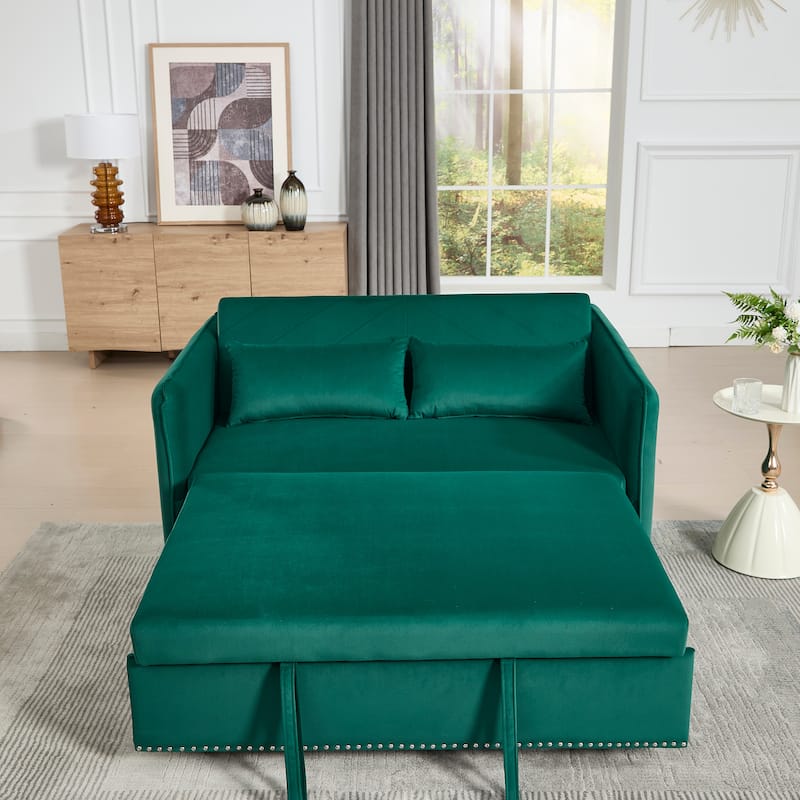 Small Convertible Sofa Bed, 55" Velvet Loveseat Couch with Pull-Out Bed, Pillows, Adjustable Backrest & Side Pockets
