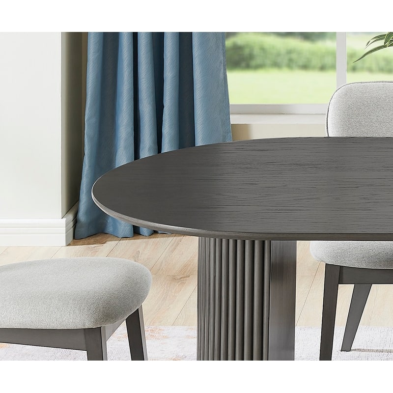 Valencia 5-Piece 80" Oval Gray Oak Finish Dining Set with Dual Pedestal Base & Light Gray Fabric Upholstered Chairs