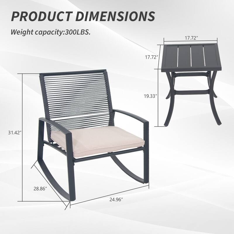 Domi Outdoor 3-Piece Wicker Rocking Chair Set, Patio Conversation Set with Removable Textilene Cushions & Metal Coffee Table - Grey