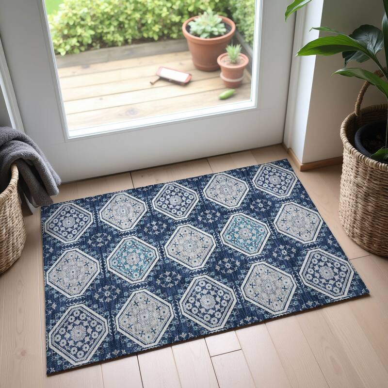 Premium Washable Super Soft Global Modern Mayfield Rug - Navy - 1'8" x 2'6"