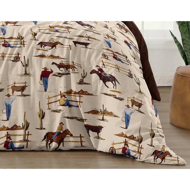 Sweet Jojo Designs Brown Western Cowboy Boy 3p Full/Queen Size Comforter Set Wild West Horseshoe Southern Charm Horse Cow Animal
