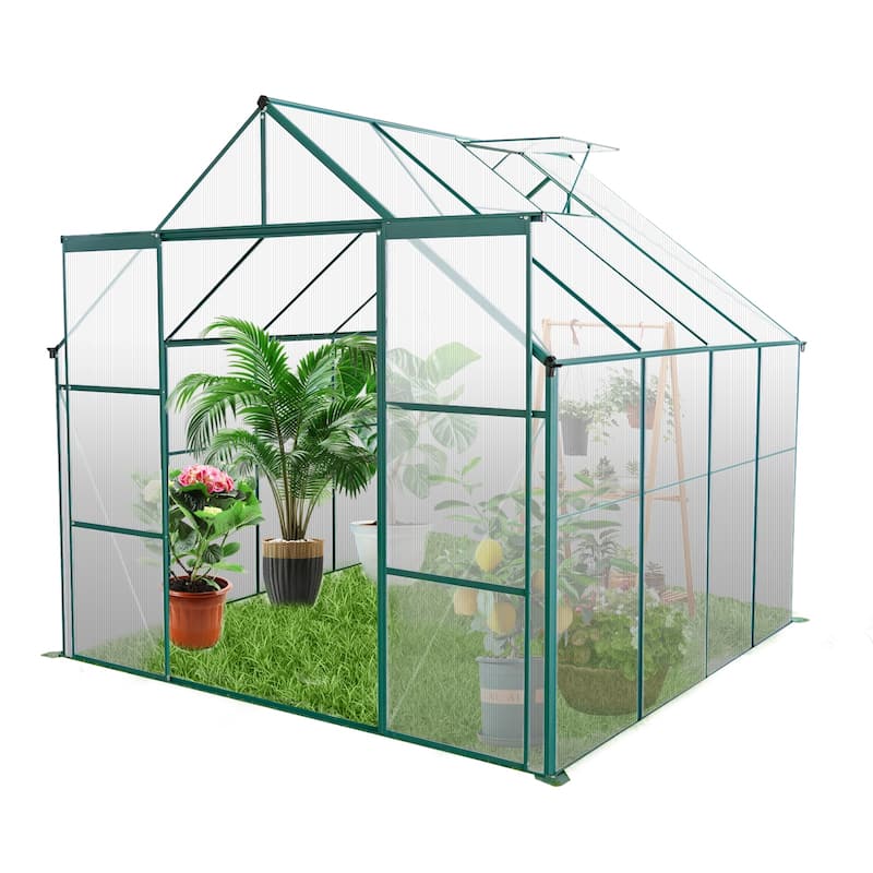 8x8 FT Double Door Greenhouse Raised Base and Anchor Aluminum Heavy Duty Walk-in Greenhouses for Outdoor Backyard in All Season