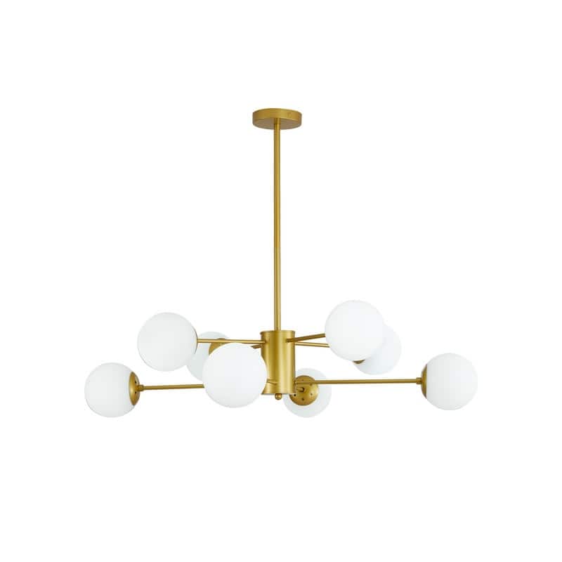 35" Contemporary 8-Light Gold Chandelier Featuring White Glass Globe Shades - Mid-Century Inspired Branching Design (No Bulbs).