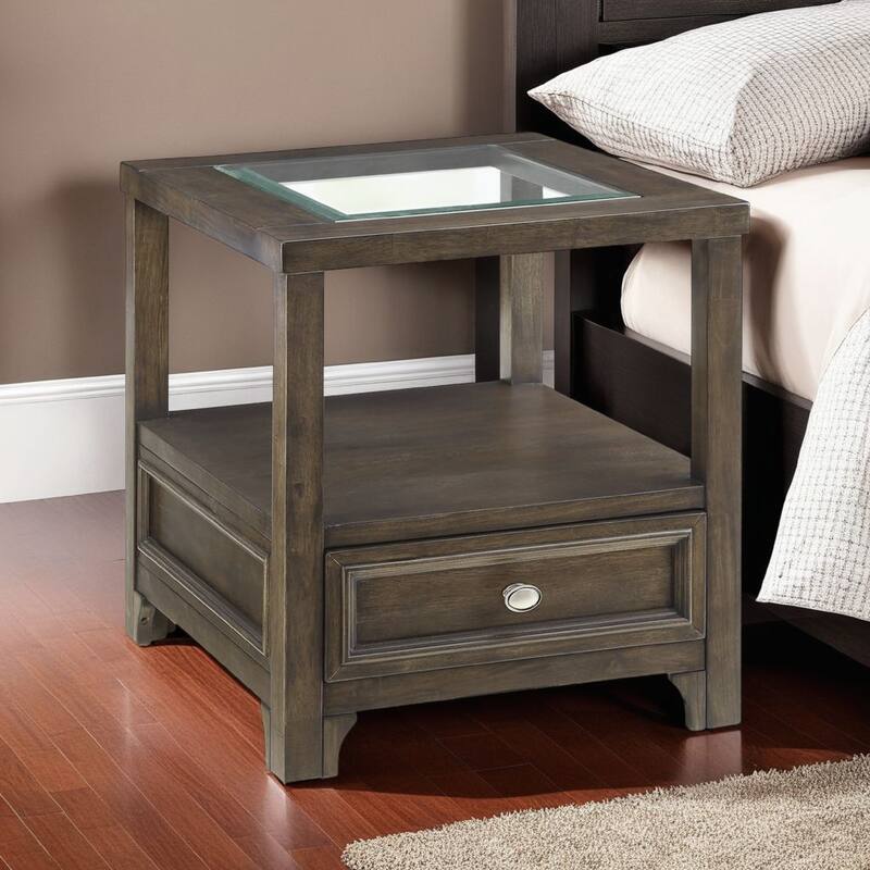 Berny End Table w Glass Top, Drawer, Shelf, Charcoal Brown 26 Inch