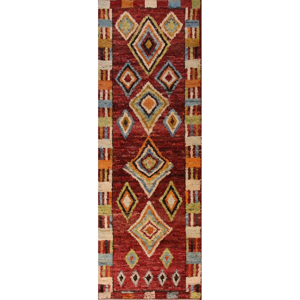 Geometric Red Moroccan Oriental Runner Rug Handmade Wool Carpet - 2'11" x 9'9"