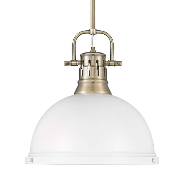 slide 2 of 2, Yep by Golden Lighting Duncan 1-light 14in Rod Hung Pendant in Aged Brass and Matte White shade