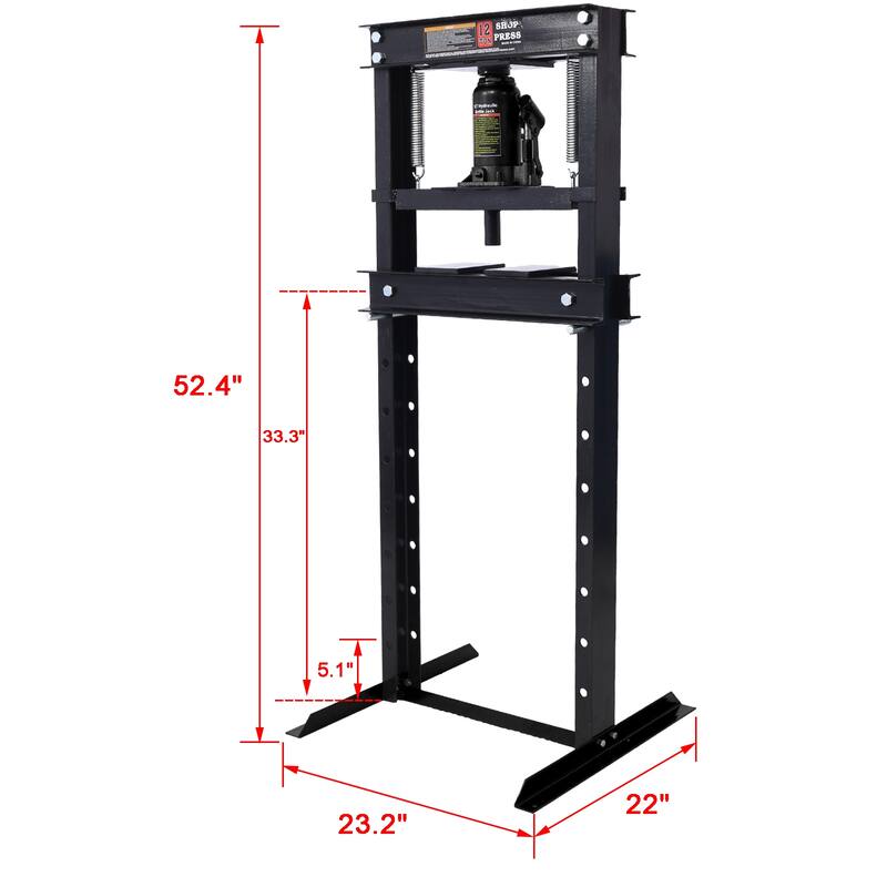 Hydraulic Shop Press ,12-Ton Capacity , Floor Mount ,with Press Plates, H-Frame Garage Floor Press, Adjustable Working Height
