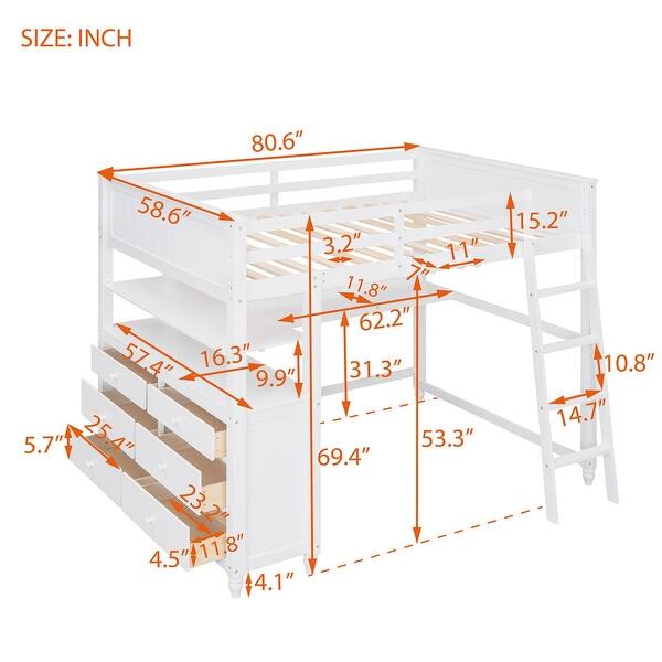 Full size Versatility Solid Construction Loft Bed with Drawers and Desk, Wooden Loft Bed with Shelves