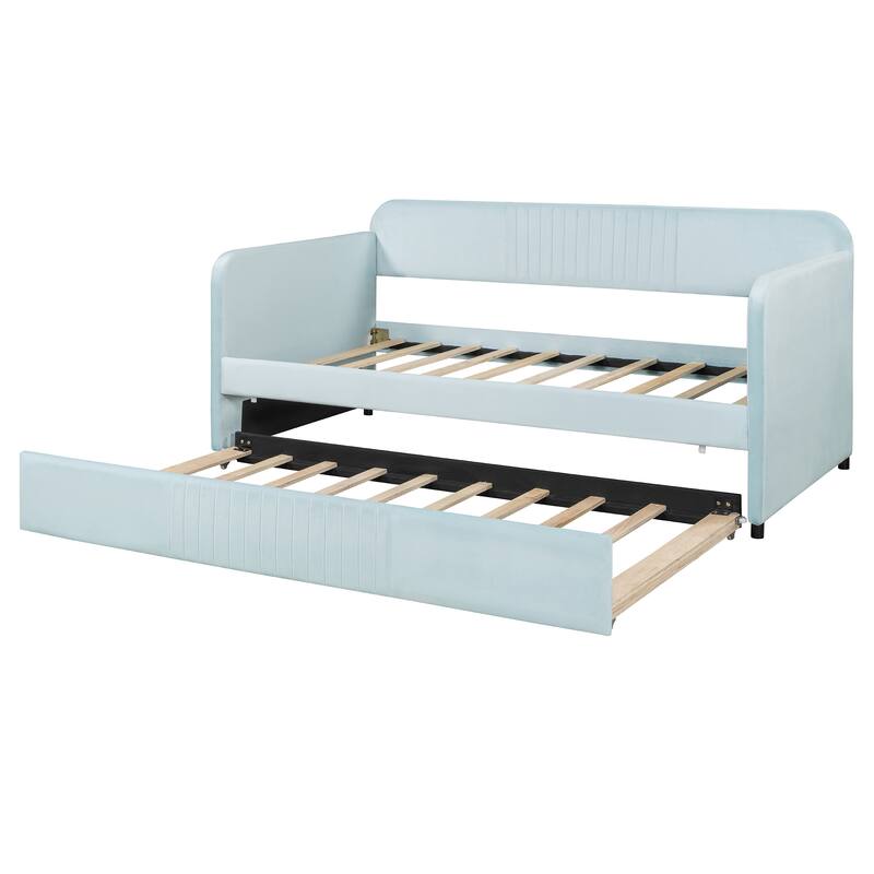 Light Blue Velvet Upholstered Twin Daybed with Trundle and Wood Slats