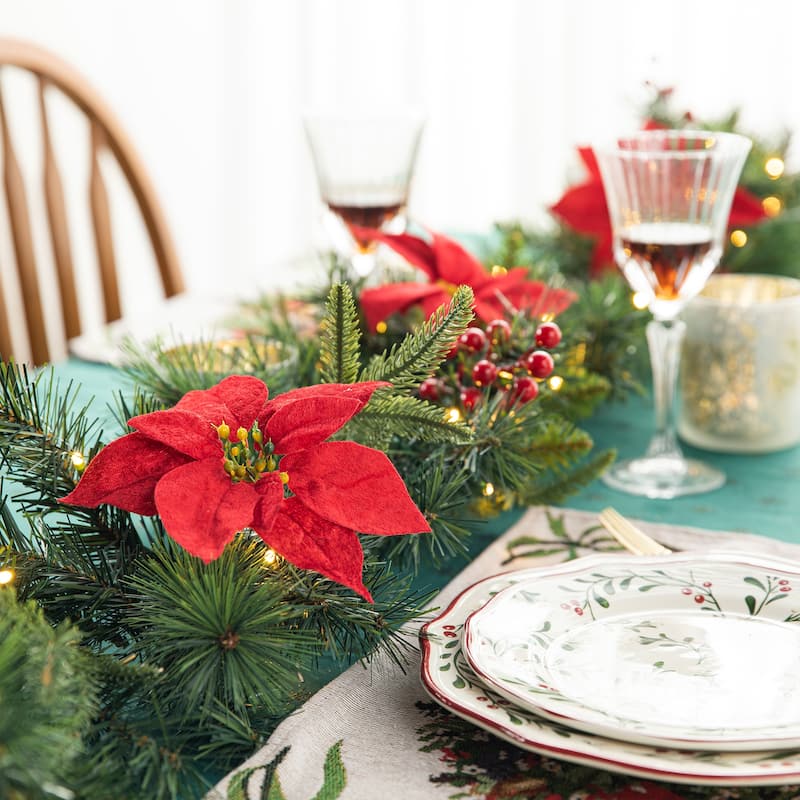 Glitzhome Set of 2/4 6ft Pre-Lit Flocked Greenery Pine White Poinsettia Christmas Garland