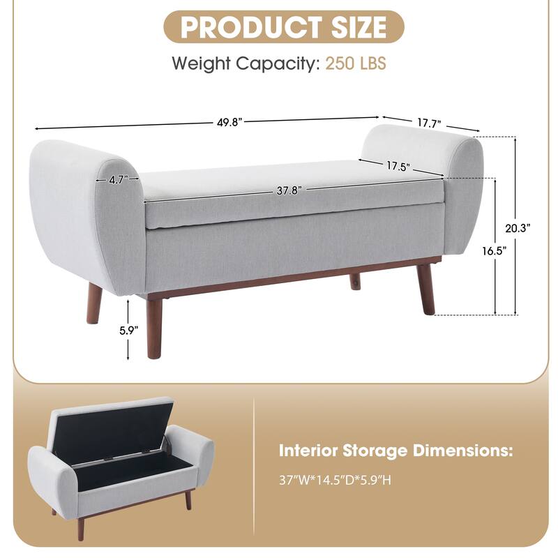 Linen Fabric Storage Ottoman Bench with Hidden Compartment and Rubberwood Legs