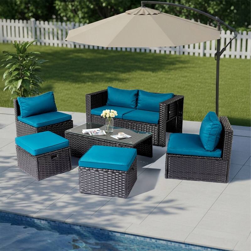6-Piece All-Weather Wicker Conversation Sofa Set with Nesting Storage & Tea Table for Garden - Black