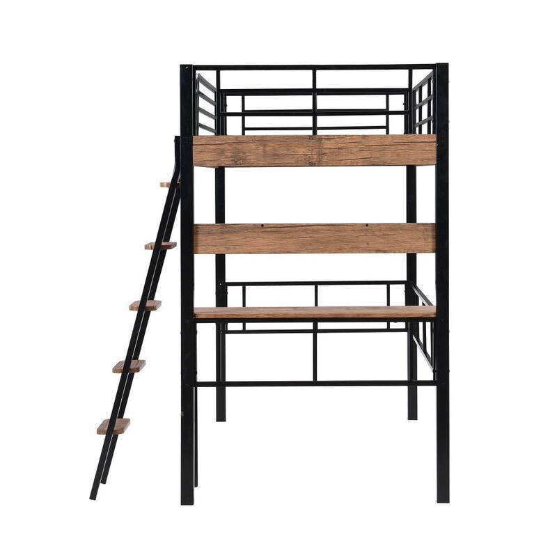 Metal Twin/Full Size Loft Bed with Built-in Desk, Storage Shelf and Ladder, Black