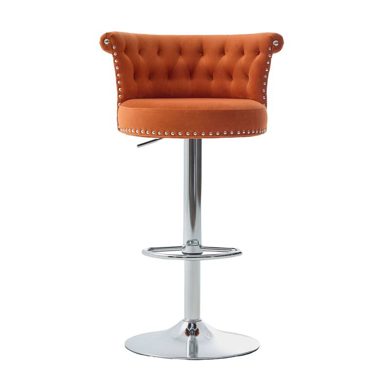 360° Swivel Bar Stools Set of 2 Adjustable Velvet Accent Chairs with Footrest Base, Button Tufted and Barrel Curved Backrest