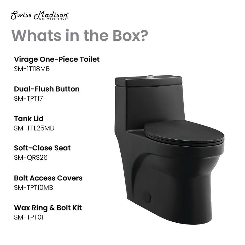 Tours One-Piece Elongated Toilet Vortex Dual-Flush 1.1/1.6 Gpf, Matte Black - 29.2" x 14.95" 28.4"