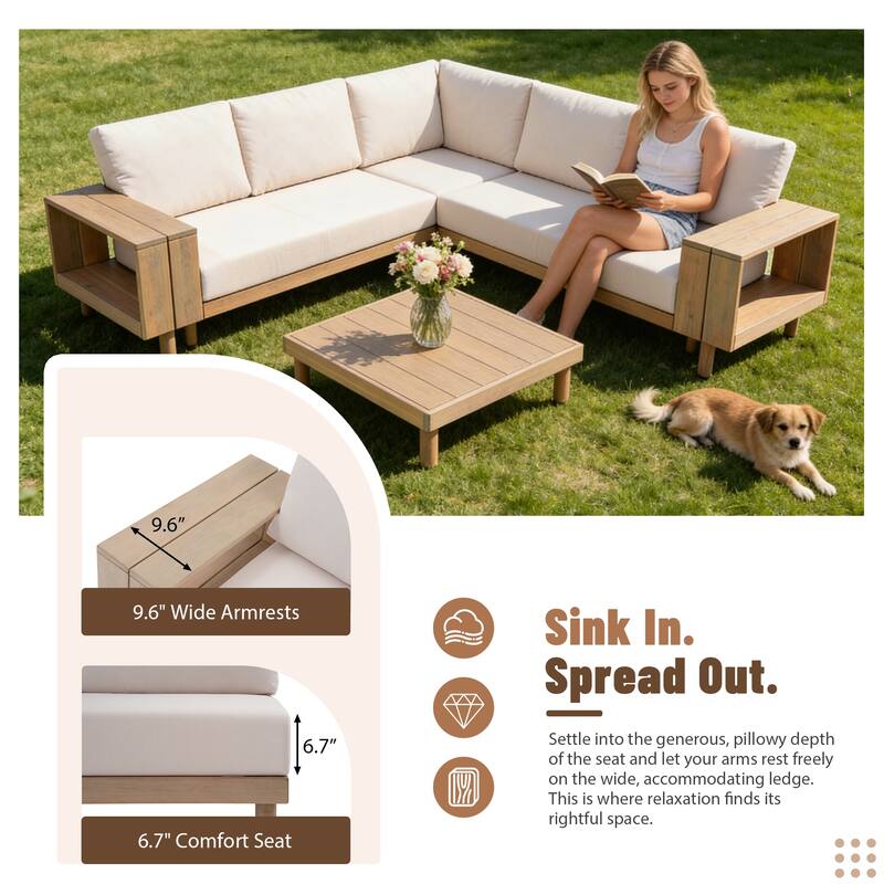 Outdoor 4-Piece Conversation Set Solid Eucalyptus Wood L-Shaped Sectional Sofa with Coffee Table