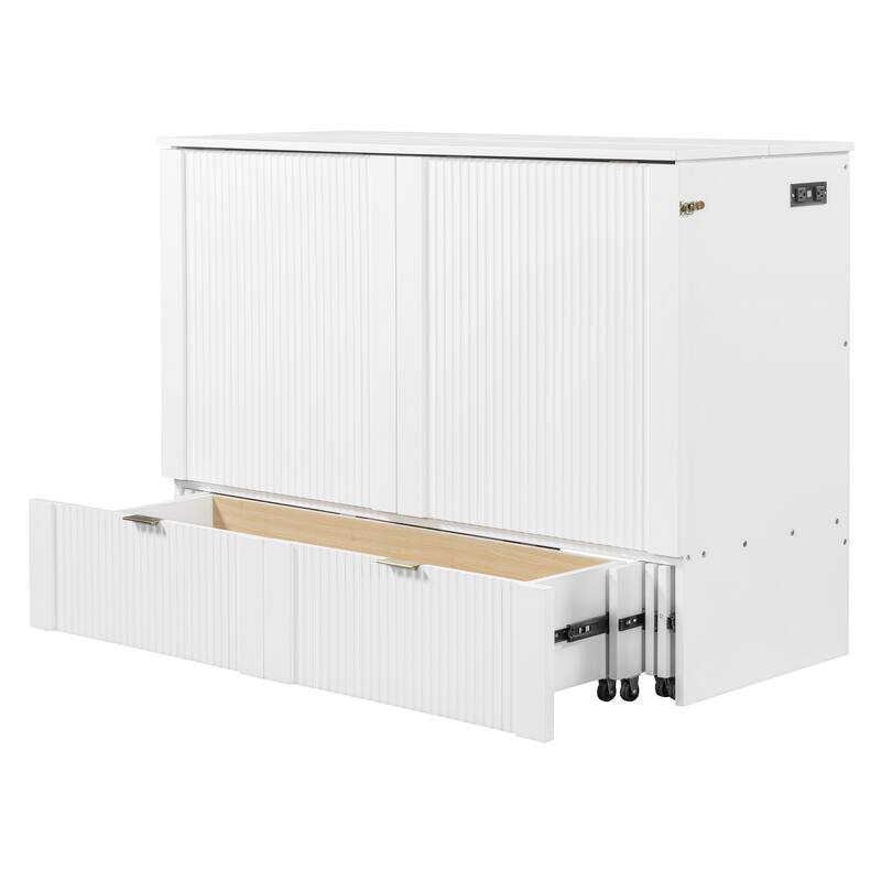 Space-Saving Queen Size Murphy Bed with Drawer, USB Ports, and Pulley Mechanism, Convertible Wall Bed with Flexible Slats