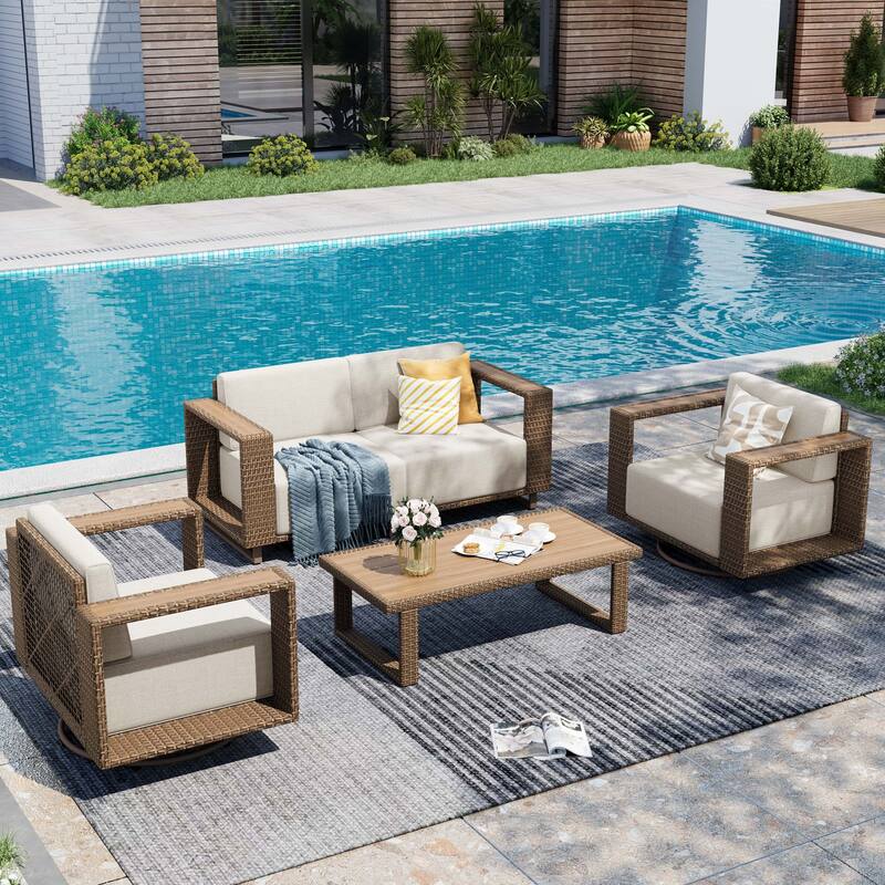 MAISON ARTS Modular Rattan Patio Sofa Set, All-Weather PE Wicker 4/6/8-Seat Sectional, Stationary or Swivel Chairs - 4-Seat