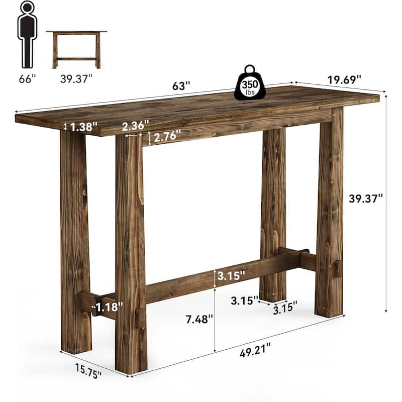 63" Long Solid Wood Bar Table for Kitchen, Home Bar, Café or Restaurant