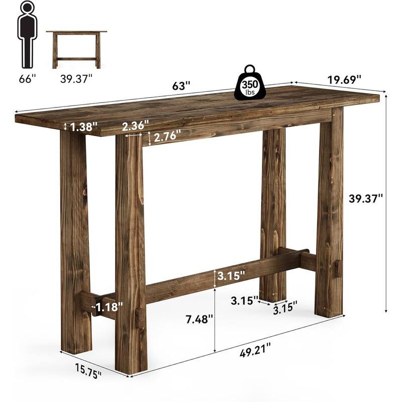 63" Solid Wood Bar Table, Counter Height Pub Table for 4–6