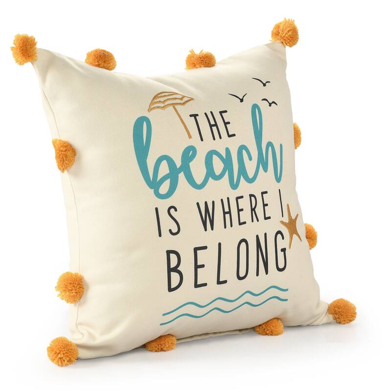 Beach Printed Square Throw Pillow with Pom-Pom - 18" - Beige and Orange