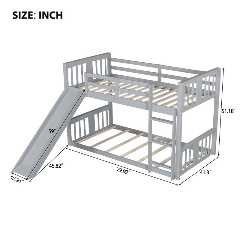 Twin Over Twin Low Bunk Bed with Slide and Ladder, Solid Wood Floor Bunk Bed Frame with Safety Guardrail, Detachable into 2 Beds