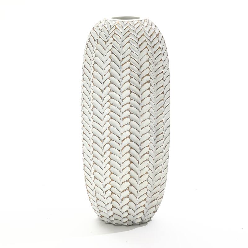 Modern White with Gold Geometric Pattern Polyresin Vase - 17.3" H x 7.3" Diameter