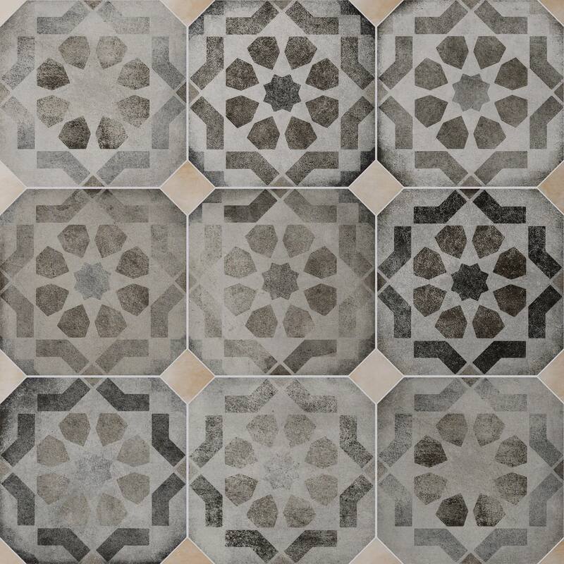 Merola Tile Laverton Octagon Deco Sombra with Taco Arena 7-7/8" x 7-7/8" Porcelain Floor and Wall Tile