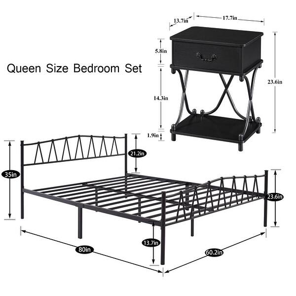 Industrial Bedroom Set of 3 Full/Queen Platform Bed Frame and 1Drawer