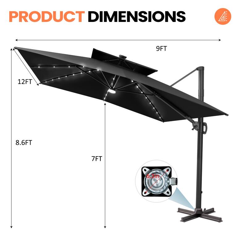 VredHom Double Top 10x10 FT Square Patio Cantilever Umbrella with Weight Base