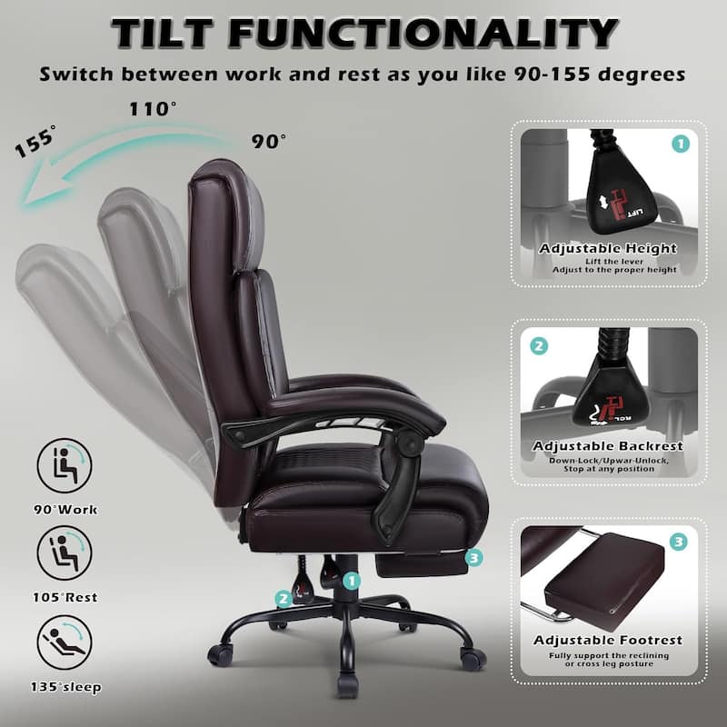 BOSSIN Big and Tall Office Chair Executive Heavy Duty Home Chairs with Foot Rest Ergonomic,High Back and Lumbar Support