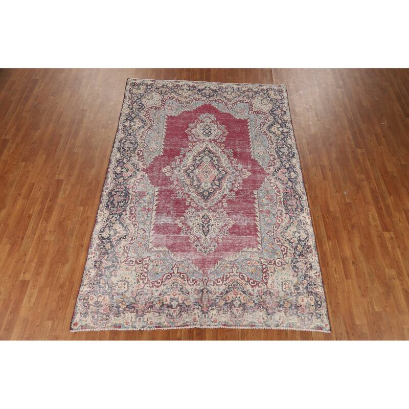 Medallion Kerman Oriental Vintage Area Rug Hand-Knotted Wool Carpet - 6'1"x 9'5"